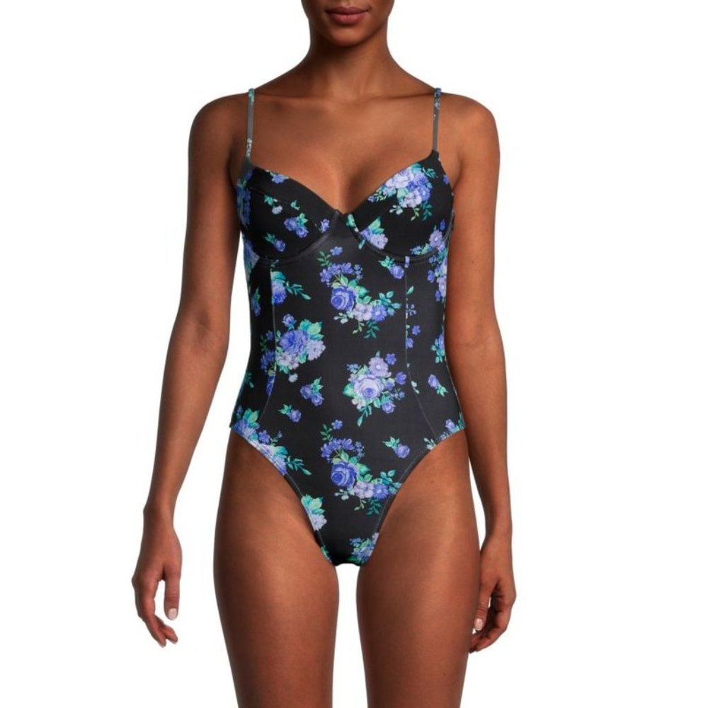 New 98$ WeWoreWhat Women's Size S Black Floral Underwire One-Piece Swimsuit